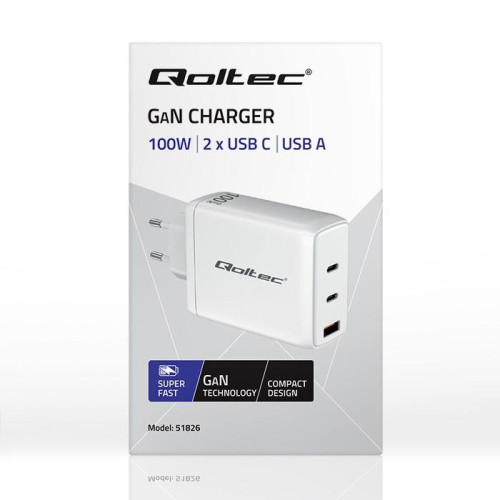 Qoltec Ładowarka sieciowa 100W GaN | 5-20V | 1.5-5A | 2 x USB-C PD | 1 x USB QC 3.0 | Biała-17195277