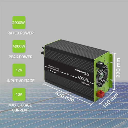 Qoltec Przetwornica solarna Monolith 3w1 z funkcją ładowania AC | MPPT | UPS | ATS | 2000W | 4000W | 12V na 230V | Czy
