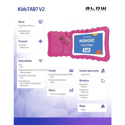 Tablet KidsTAB7 V2 4/32GB różowe etui kamera 2MP-17724832