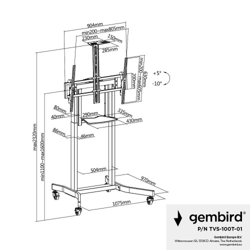 GEMBIRD STOJAK POD TELEWIZOR REGULACJĄ WYSOKOŚCI MOBILNY, NA KÓŁKACH, 55
