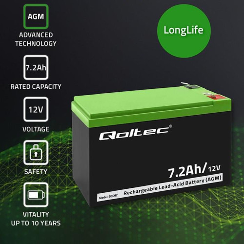 QOLTEC AKUMULATOR AGM 12V | 7.2AH | MAX 108A-17821108