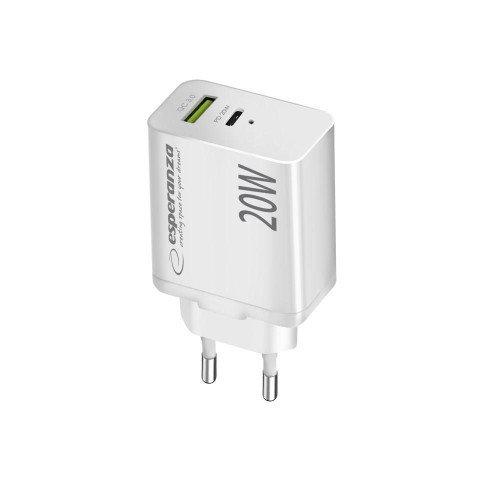 ESPERANZA ŁADOWARKA SIECIOWA 20W USB-C PD 20W / USB-A QC 3.0 18W BIAŁA EZC105W-18101826