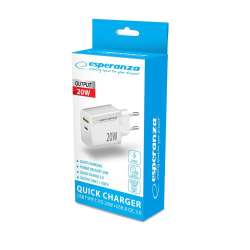 ESPERANZA ŁADOWARKA SIECIOWA 20W USB-C PD 20W / USB-A QC 3.0 18W BIAŁA EZC105W-18101827