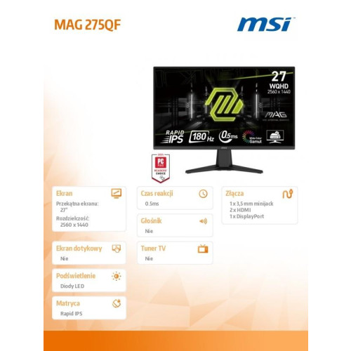 Monitor MAG 275QF 27 cali/LED/QHD/Flat/180Hz/Black-18366697