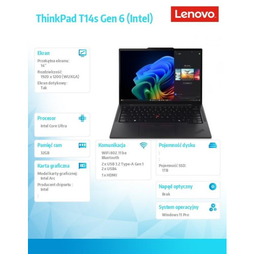 Ultrabook ThinkPad T14s G6 21QX00HEPB W11Pro Ultra 7 258V/32GB/1TB/INT/14.0 WUXGA/Touch/3YRS Premier Support + CO2 Offse