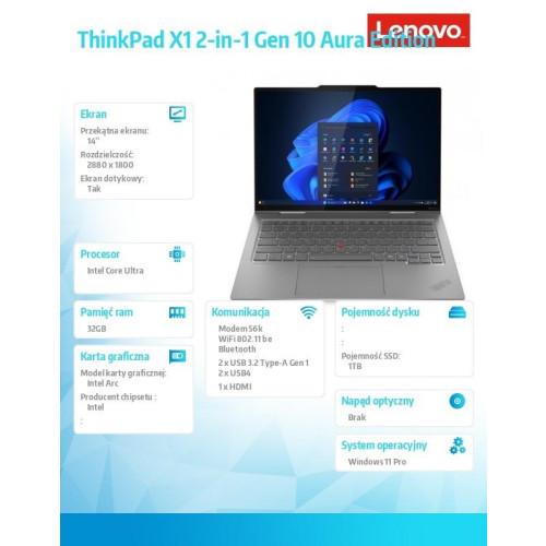Ultrabook Thinkpad X1 2-in-1 Gen10 21NU0023PB W11Pro Ultra 7 258V/32GB/1TB/INT/14.0 2.8K/Touch/Grey/3YRS Premier Support