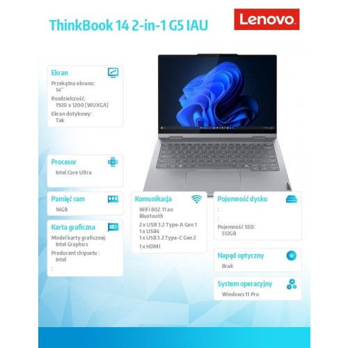 Laptop ThinkBook 14 G5 2in1 21SQ0016PB W11Pro Ultra 5 225U/16GB/512GB/INT/14.0 WUXGA/Touch/Luna Grey/3YRS OS + CO2 Offse