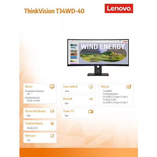 Monitor 34 cale ThinkVision T34WD-40 64AEZAT1EU-18368335