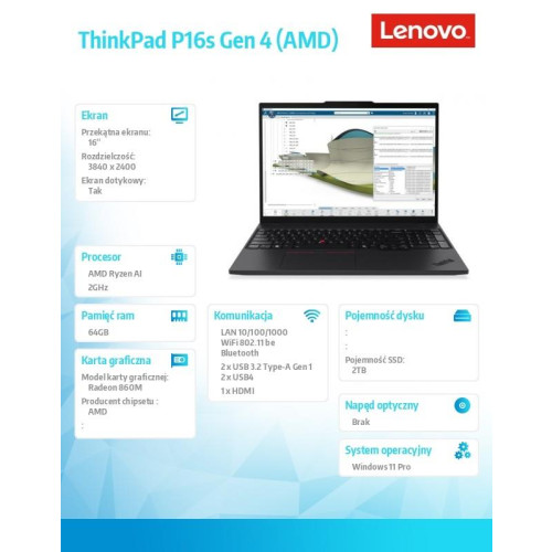 Mobilna stacja robocza ThinkPad P16s G4 AI 7 PRO 350/64GB/2TB/AMDRadeon/16.0 WQUXGA/Touch/Black/3YRS Premier Support + C