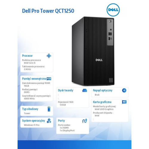 Komputer Dell Pro Tower QCT1250 W11Pro i5-14500/16GB/512GB SSD/Integrated/Kb/Mouse/3YPS-18369775
