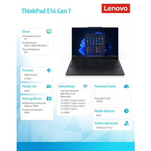 Laptop ThinkPad E14 G7 21T0003SPB W11Pro 7 250/16GB/512GB/INT/14.O WUXGA/Black/1YR Premier + 3YR OS + CO2 Offset-1836989