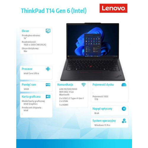 Ultrabook ThinkPad T14 G6 21QC0040PB W11Pro Ultra 7 255U/32GB/1TB/INT/14.0 WUXGA/Black/3YR Premier Support + CO2 Offset-