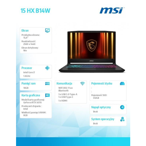 Notebook Katana 15 HX B14WFK-020XPL nOS/i7-14650HX/16GB/512SSD/RTX5060/15.6 cala-18371450