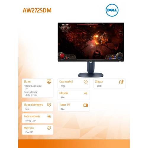Monitor AW2725DM 27.0 cali NVIDIA G-Sync Compatible IPS Dual-ResolutionQHD 180Hz(2560X1440)/16:9/DP/2xHDMI/2xUSB/3Y-1837