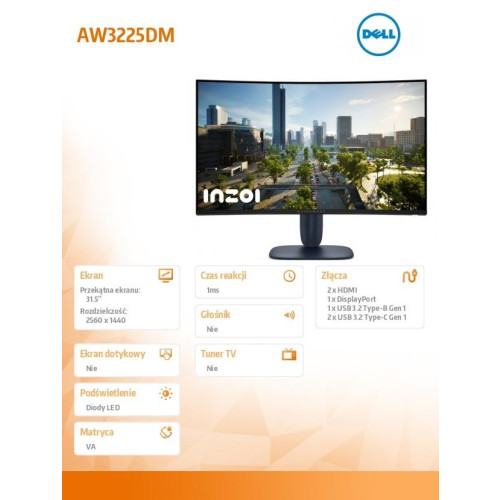 Monitor AW3225DM 31.6 cala Curved NVIDIA G-Sync Compatible 180Hz VA QHD (3440x1440)/16:9/DP/2xHDMI/3xUSB 3.2/3Y AES&PP