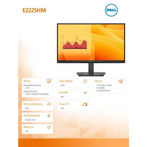 Monitor E2225HM 21.5 cala LED VA Full HD (1920 x1080)/16:9/DP/HDMI/VGA/3Y-18371813