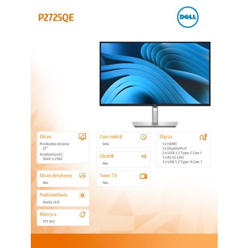 Monitor 27 cali P2725QE IPS LED UHD 4K(3840x 2160)/16:9/HDMI/DP/USB-C/3xUSB/RJ45/3Y-18371869