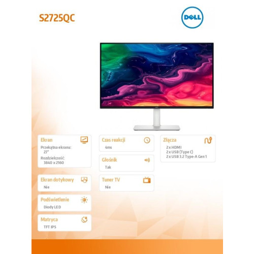 Monitor S2725QC 27 cali AMD FreeSync IPS LED 4K (3840x2160)/2xHDMI/USB-C/2xUSB 3.2/Speakers/3Y-18371876