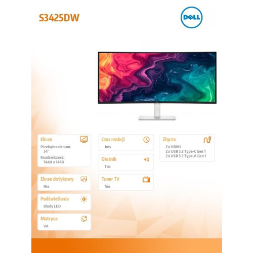 Monitor S3425DW 34 cale Curved AMD FreeSync VA LED WQHD (3440x1440)/2xHDMI/2xUSB-C/2xUSB/3Y AES&PPE-18371904