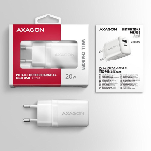 Axagon ACU-PQ20W ładowarka do urządzeń przenośnych Uniwersalne Biały Prąd przemienny Szybkie ładowanie Wewnętrzn