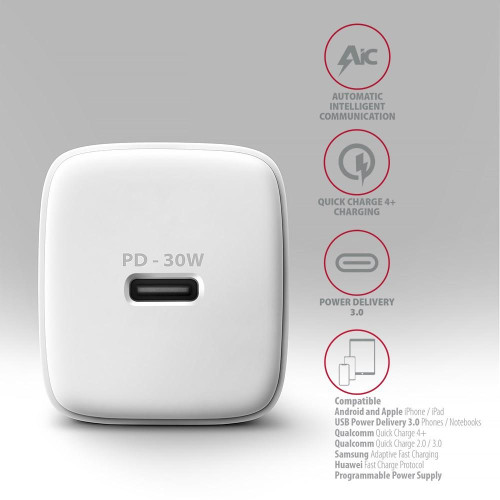 Axagon ACU-PD30W wall charger 1x QC3.0/AFC/FCP/PD type-C 30W white Telefon komórkowy, Smartfon, Smartwatch, Tablet, Uni