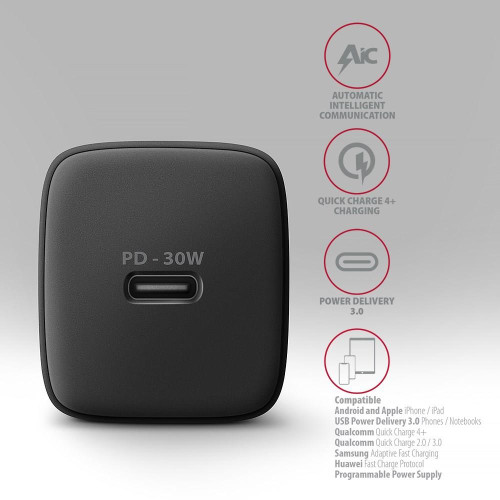 Axagon ACU-PD30 kroviklis jungiama tinkl PD 30W, 1x port USB-C, PD3.0/QC3.0/AFC/FCP/Apple Juoda Telefon komórkowy, Smar