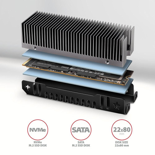 Axagon CLR-M2XT M.2 SSD Passivkühler Aluminium - 2280 M.2 NVMe SSD, Dysk SSD Radiator Czarny, Szary 1 szt.-18814071