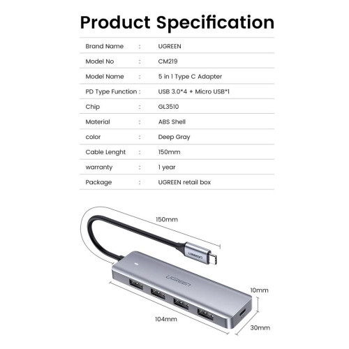 Ugreen 70336 huby i koncentratory USB 3.2 Gen 1 (3.1 Gen 1) Type-C 5000 Mbit/s-19034351