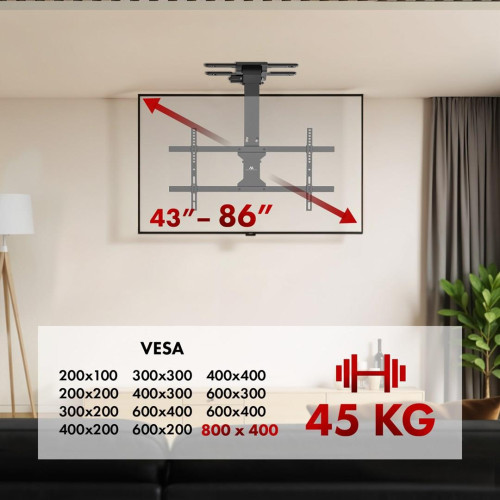 MACLEAN UCHWYT ELEKTRYCZNY DO TV, SUFITOWY, OBSŁUGA TUYA, MAX. VESA 800X400, DLA TV 43-86