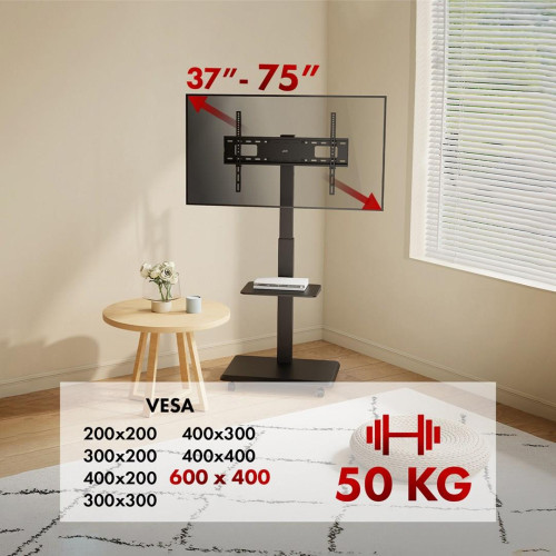 Stand / wózek dla TV Ergo-Office, max. obciążenie 50kg / 5kg półka, max. VESA 600x400, wbud. listwa zasil., czarny,
