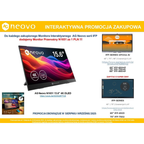 AG NEOVO MONITOR INTERAKTYWNY 75 CALI IFP-7502 + AG NEOVO PORTABLE MONITOR 15" OLED 4K USB-C HDMI za 1 zł