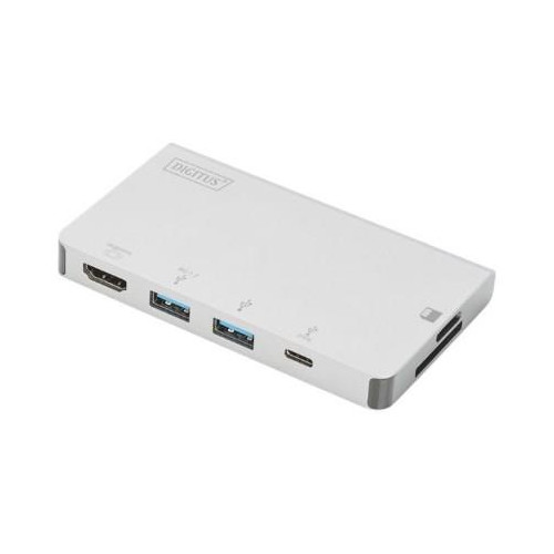 Stacja dokująca podróżna USB Typ C, 6 portów 4K, HDMI, VGA, USB, RJ45, microSD, SD/MMC, srebrna
