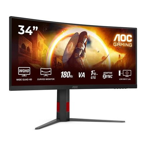 Monitor AOC CU34G4 34" Szybkie VA UWQHD 21:9 180 Hz 1 ms 3440 x 1440 pikseli 300 cd/m2 Ilość portów HDMI: 2 Czarny