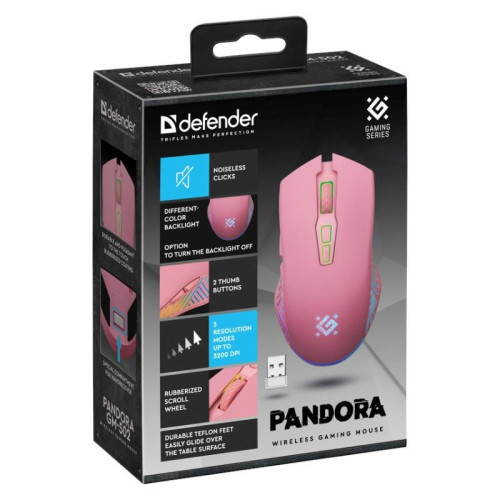 DEFENDER MYSZ BEZPRZEWODOWA PANDORA GM-502 RF 3200DPI 7P RÓŻOWA 52501-20994979