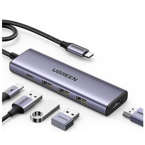 Ugreen Wielofunkcyjny HUB 5w1 USB-C - HDMI 1.4 / 3 x USB-A / USB-C PD 100W CM511 - szary
