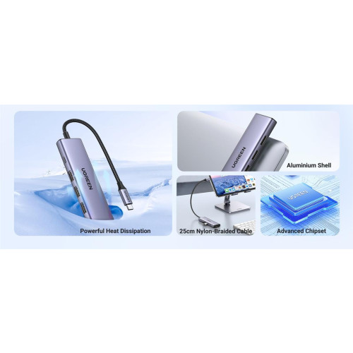 Ugreen Wielofunkcyjny HUB 5w1 USB-C - HDMI 1.4 / 3 x USB-A / USB-C PD 100W CM511 - szary-21360824