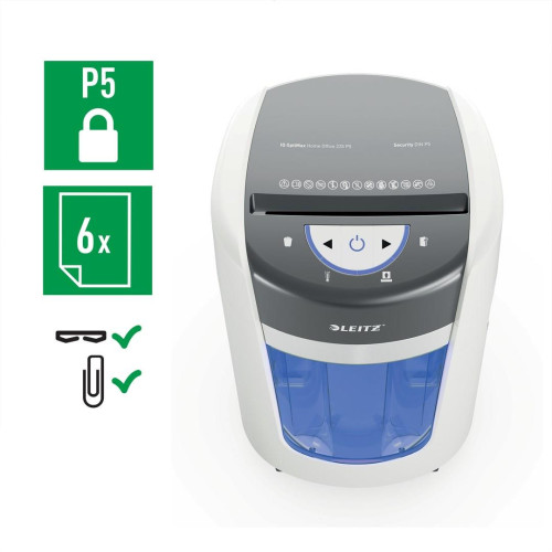 Niszczarka Leitz IQ OptiMax Home Office 225, 15l, P5, 6 kartek, Automatyczny Start/Stop, Funkcja cofania, Obrotowy pojem