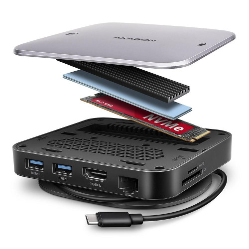 AXAGON HMC-UFO USB-C Hub, M.2 SATA/NVMe, 1 Gbit/s Ethernet, 384 kHz Audio - schwarz/silber-21526032