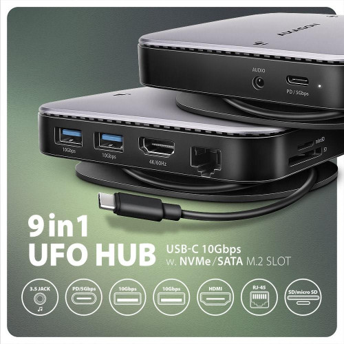 AXAGON HMC-UFO USB-C Hub, M.2 SATA/NVMe, 1 Gbit/s Ethernet, 384 kHz Audio - schwarz/silber-21526034