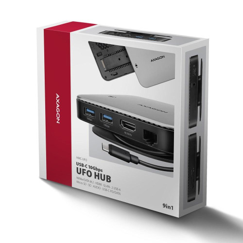 AXAGON HMC-UFO USB-C Hub, M.2 SATA/NVMe, 1 Gbit/s Ethernet, 384 kHz Audio - schwarz/silber-21526050