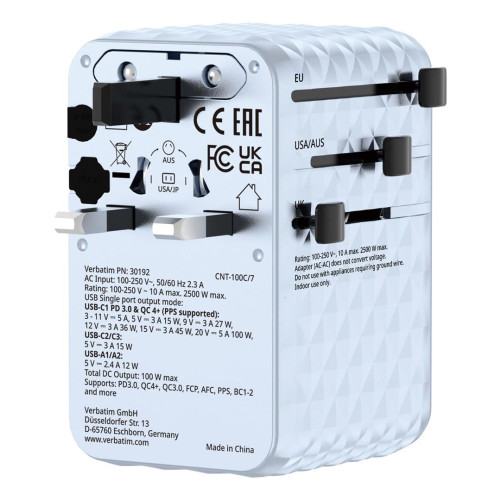 Uniwersalny zasilacz podróżny VERBATIM Charge 'N' Travel 100 W ze zwijanym kablem niebieski-21605691