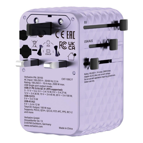 Uniwersalny zasilacz podróżny Verbatim Charge 'N' Travel 100 W z wysuwanym kablem fioletowy-21605696