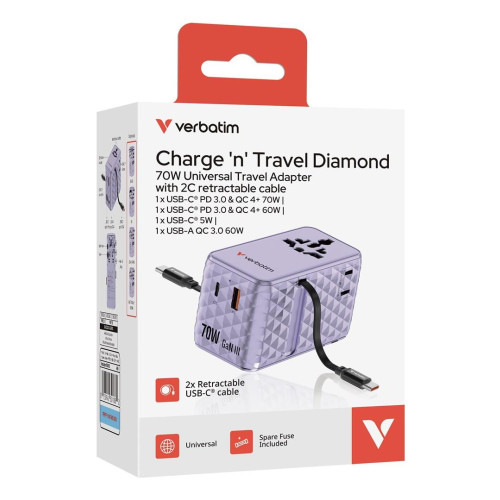 VERBATIM CHARGE 'N' TRAVEL 70W 2C CHOWANY UNIWERSALNY ADAPTER PODRÓŻNY FIOLETOWY-21605700