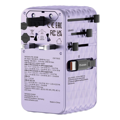 VERBATIM CHARGE 'N' TRAVEL 70W 2C CHOWANY UNIWERSALNY ADAPTER PODRÓŻNY FIOLETOWY-21605701