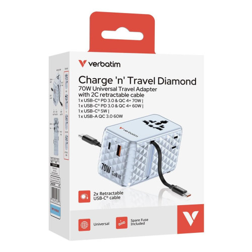 Uniwersalny adapter podróżny Verbatim Charge 'N' Travel 70W 2C niebieski-21605705