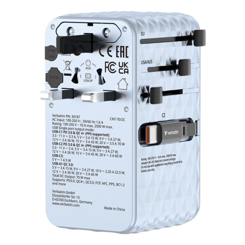 Uniwersalny adapter podróżny Verbatim Charge 'N' Travel 70W 2C niebieski-21605706