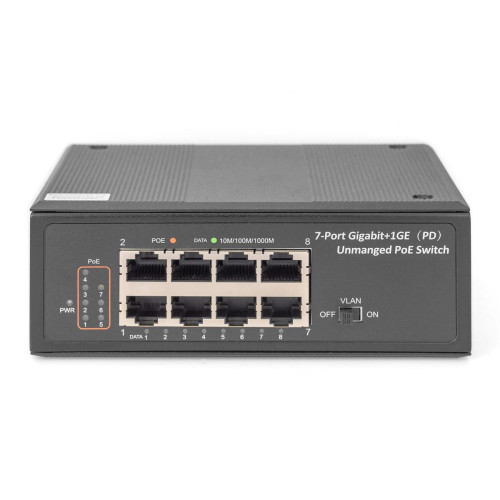 Switch przemysłowy 7-portowy Gigabit PoE+ z 1x PD, IEEE802.3af/at, DIN rail, rozszerzony zakres temp.-21648302
