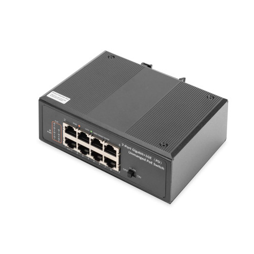 Switch przemysłowy 7-portowy Gigabit PoE+ z 1x PD, IEEE802.3af/at, DIN rail, rozszerzony zakres temp.