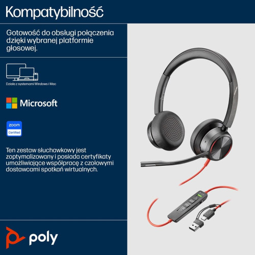 Zestaw słuchawkowy POLY Blackwire 8225 Stereo 8X225AA USB-C z certyfikatem Microsoft Teams + przejściówka USB-C/A-216