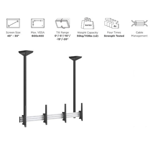 Uchwyt sufitowy do 2 wyświetlaczy LCD - Plastik, Aluminium, Stal, Srebrny - Rozmiar ekranu: 114.3-139.7 cm (45-55'')-21